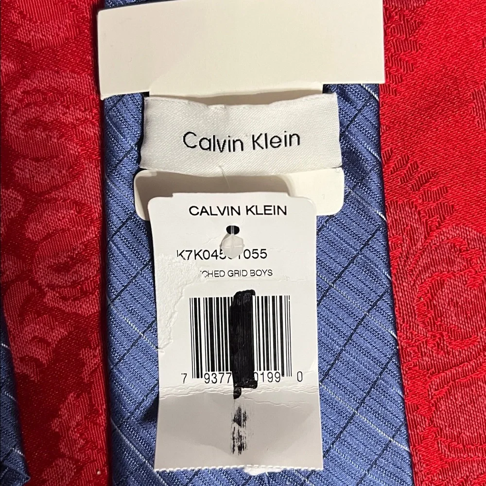 Calvin Klein Boys 100% Silk Blue Windowpane Dress Tie 48” NWT